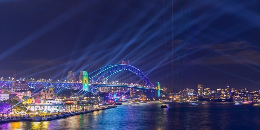 Vivid Sydney light festival with lights over the Harbour Bridge