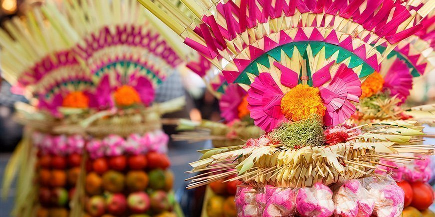 Traditional Balinese offering used for Melasti in Bali