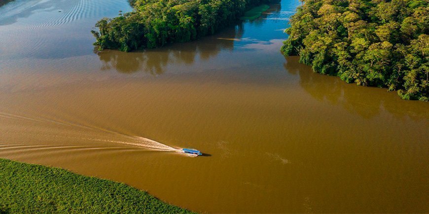 Boat on Tortuguero canals seen from above
