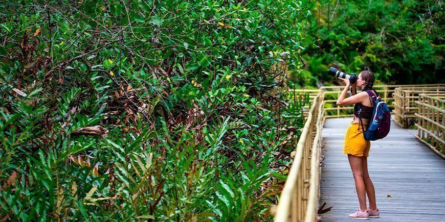 Young woman taking pictures in Manuel Antonio National Park in Costa Rica