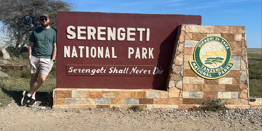 Liam at the intrance to the Serengeti