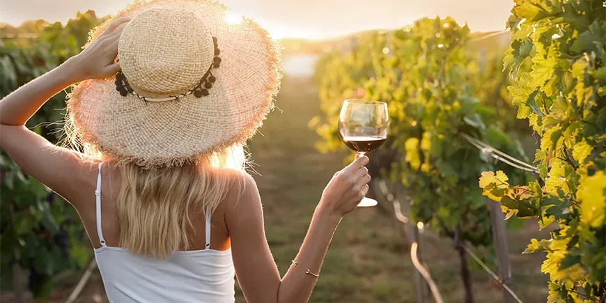 Woman holding a glass of wine at a vineyard in Africa