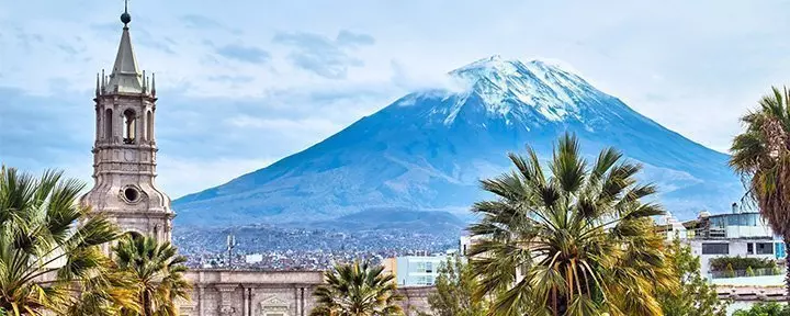 View of the volcano in Arequipa from the central square, Peru