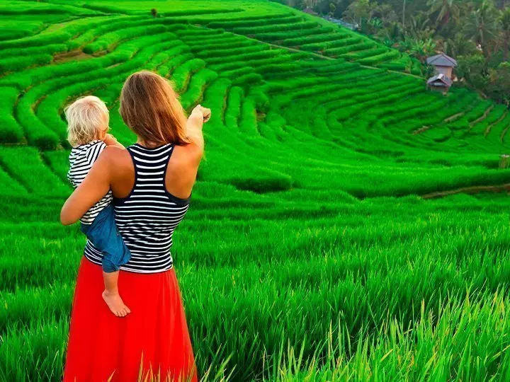 Mum and son on a rice terrace in Bali