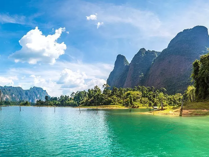 Sunny day at Cheow Lan Lake in Khao Sok National Park.