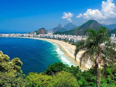 Aerial view of Copacabana Beach and Sugar Loaf Mountain in Rio de Janeiro, Brazil