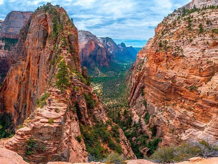 Panoramic view of the Zion Canyon seen from the Angels Landing Trail high up in the mountain in Zion National Park, Utah. United States