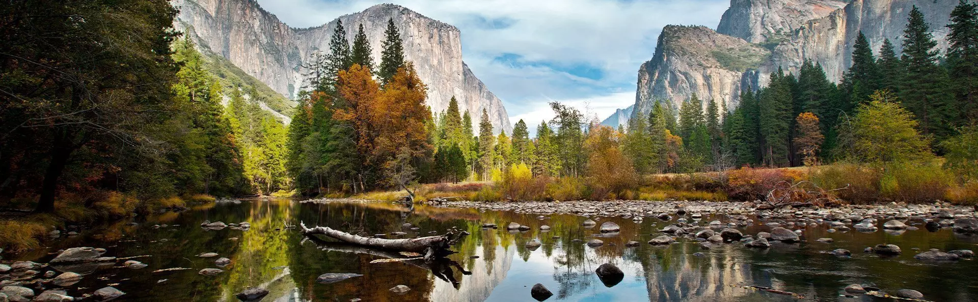 El Capitan and Merced River in Yosemite National Park covered in autumn colours
